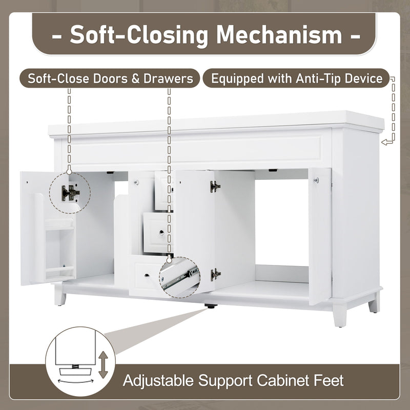 Bathroom Vanity Cabinet Only, 3 Drawers & 4 Doors With Double Layer Shelves - White