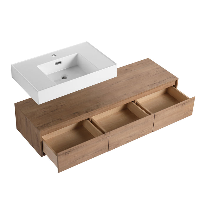 Modern Wall Mounted Bathroom Vanity With Resin Sink And 2 Side Cabinet, Construction - Imitative Oak