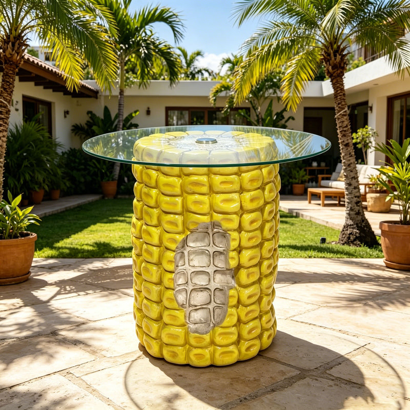 17.32" High Novelty Corn Cob Side Table, 19.69" Wide Vegetable-Shaped End Table With Glass Top, Multi-Functional Accent Furniture For Home & Garden Decoration