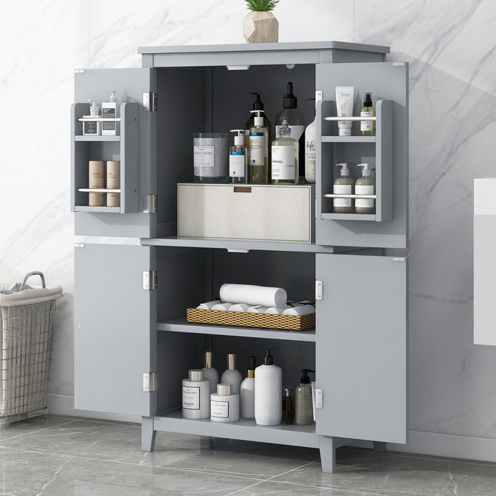 Elegant Bathroom Floor Storage Cabinet With 4 Doors, Adjustable Shelves
