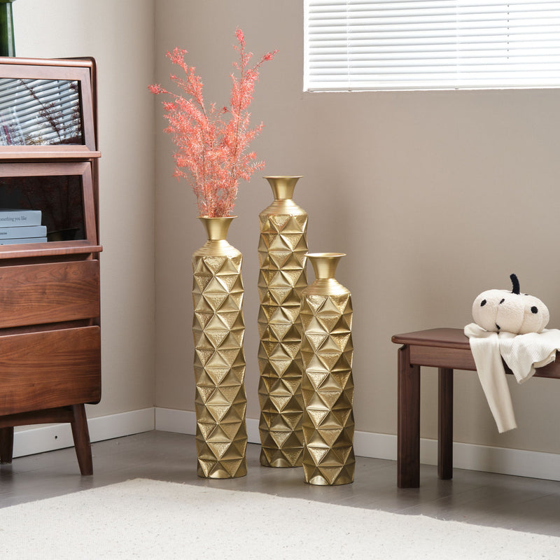 Metal Decorative Vase High Distress Metal Center Vase With 3D Triangle Pattern, (Set of 3) Vases For Home Decoration - Gold