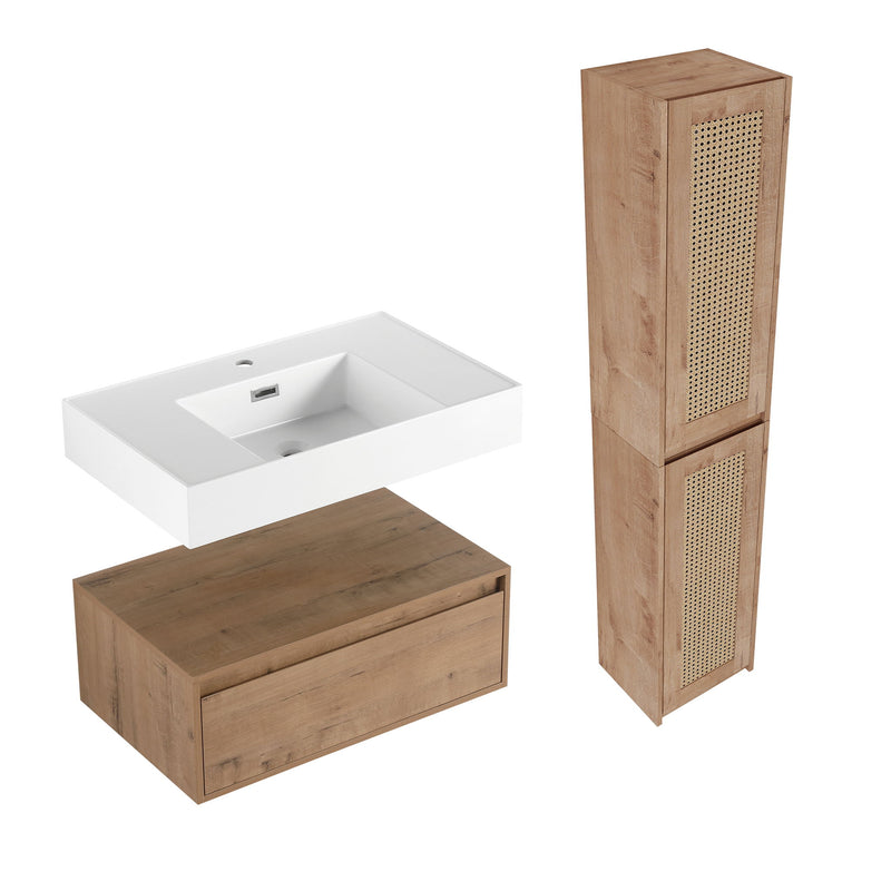 Modern Imitative Wall Mounted Bathroom Vanity With Resin Sink & 2 Side Cabinet, Soft Close Drawer - Imitative Oak