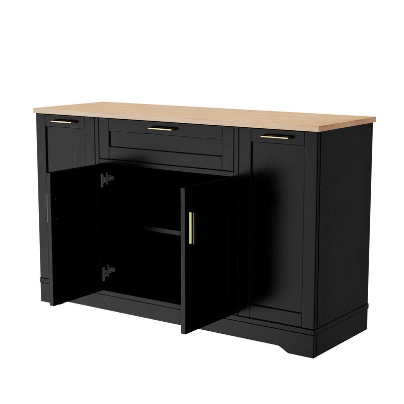Trexm Multi-Functional Storage Sideboard, Extendable Dining Table, Adjustable Shelves, 3-Tier Pull-Out Rack, Kitchen Island Storage For Kitchen, Dining Room, Living Room (Black)