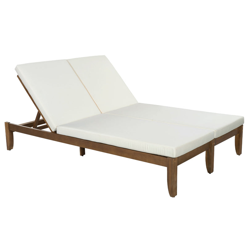 Adjustable Outdoor Patio Lounge Chair 2 Seater Recliner - Beige / Walnut