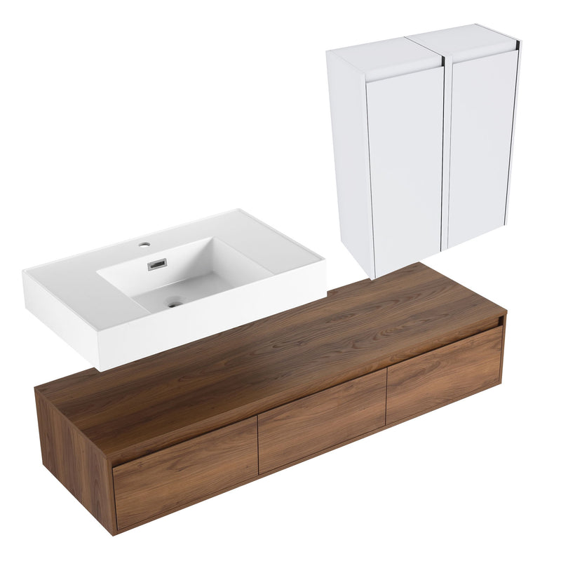 Wall Mounted Bathroom Vanity With Resin Sink And 2 Side Cabinet, 3 Soft Close Drawer - Brown Ebony