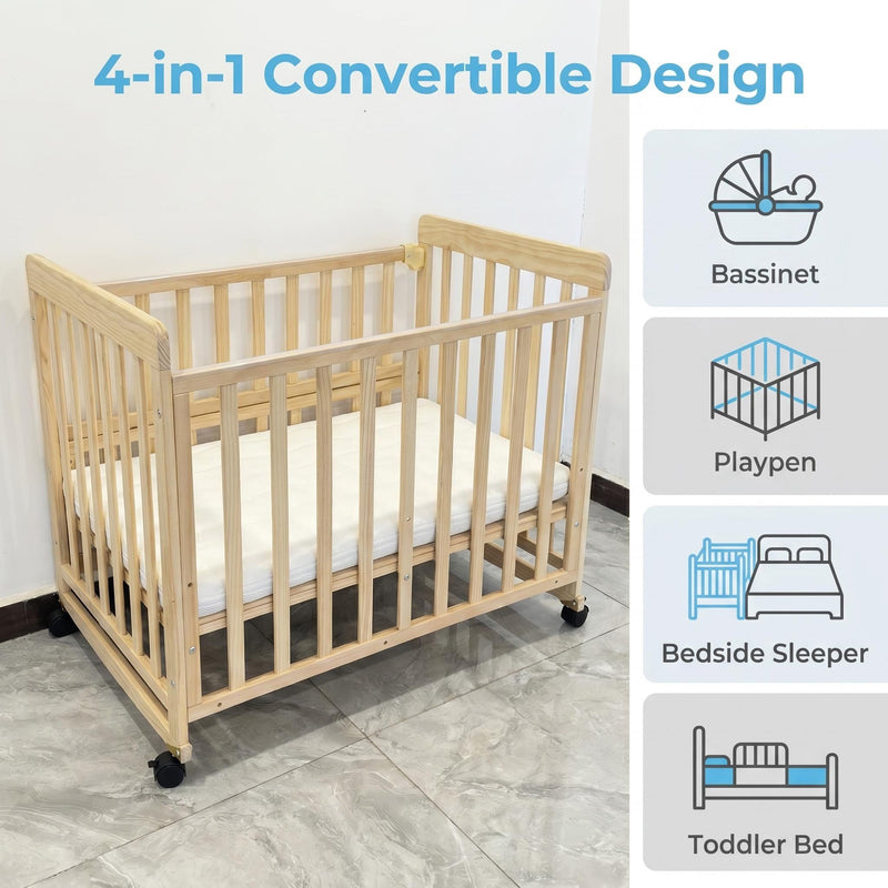 Portable Bedside Bassinet With 3 Adjustable Heights, Mini Crib For Newborns - Natural Wood