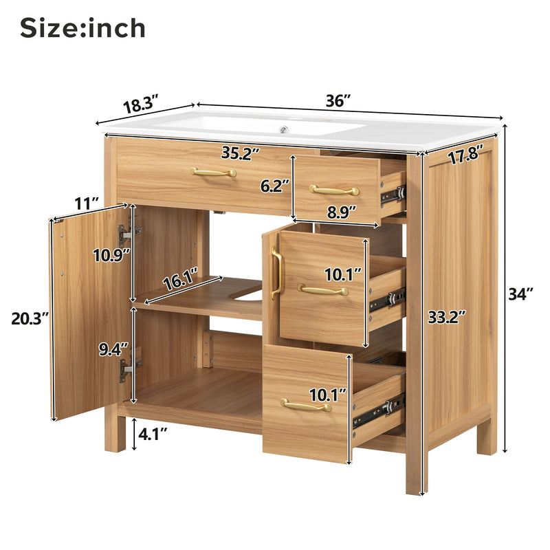 Bathroom Vanity, 2 Soft Close Doors, 3 Soft Close Drawers, Adjustable Shelf - Wood