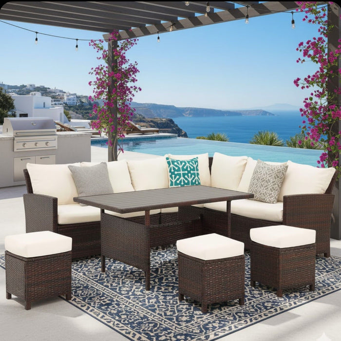 7 Piece Patio Dining Set With Cushions, Modular Sectional Sofa & Storage Table