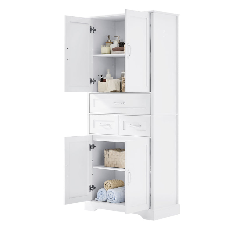 Tall Bathroom Storage Cabinet With 4 Doors 3 Drawers Adjustable Shelves - White
