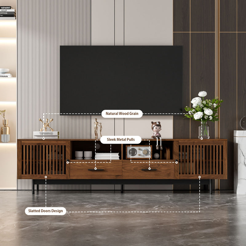 TV Stand, Media Console With 2 Drawers, Soft Closing Slatted Doors, Living Room Entertainment Center - Walnut