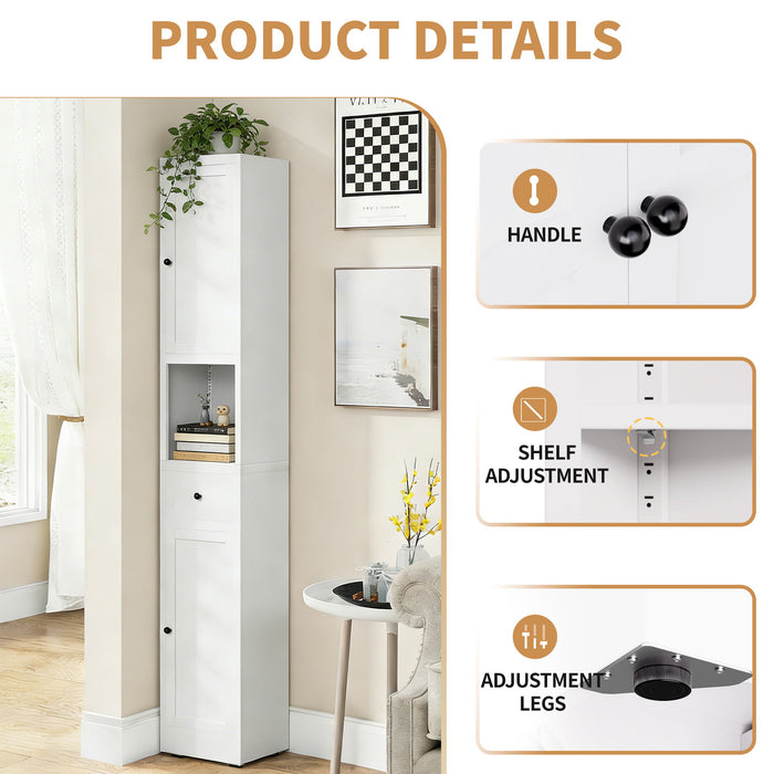 Tall Narrow Bathroom Cabinet With 5-Tier Storage, Adjustable Shelves, Freestanding - White
