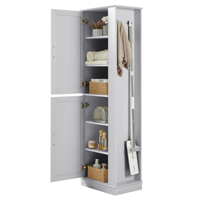 Tall Freestanding Bathroom Storage Cabinet With Adjustable Shelves And Side Hooks