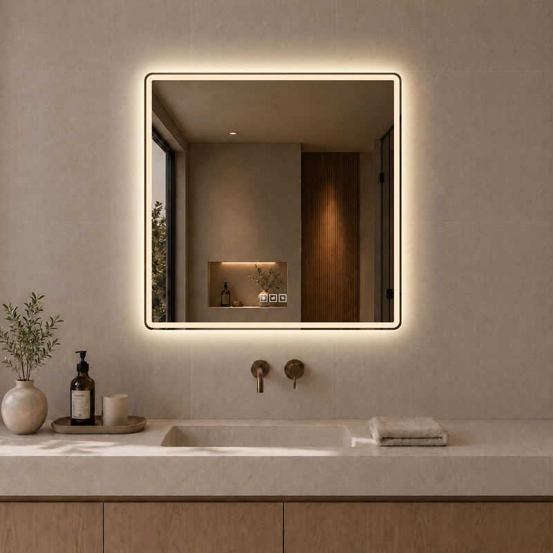 36 X 36 LED Bathroom Mirror With Dimmable Frosted Light Band, 3 Color Temperatures, Anti Fog, Memory & Auto Off - Silver