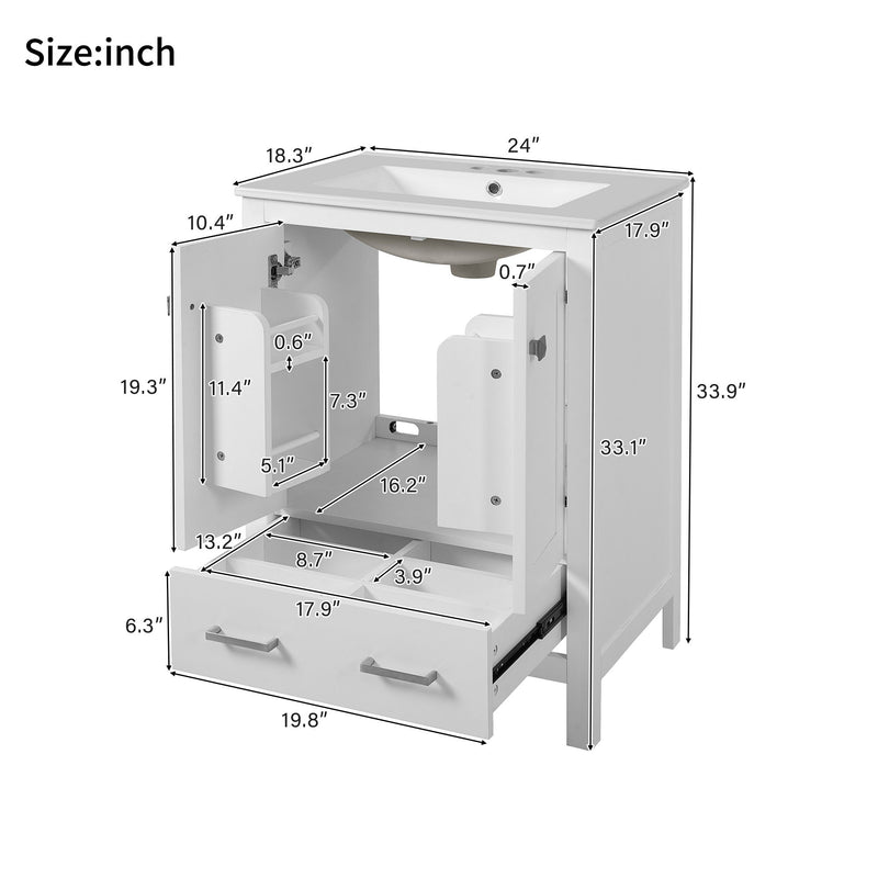 Bathroom Vanity With Integrated Undermount Ceramic Sink, 2 Doors And 1 Drawer, Soft Close Hinges