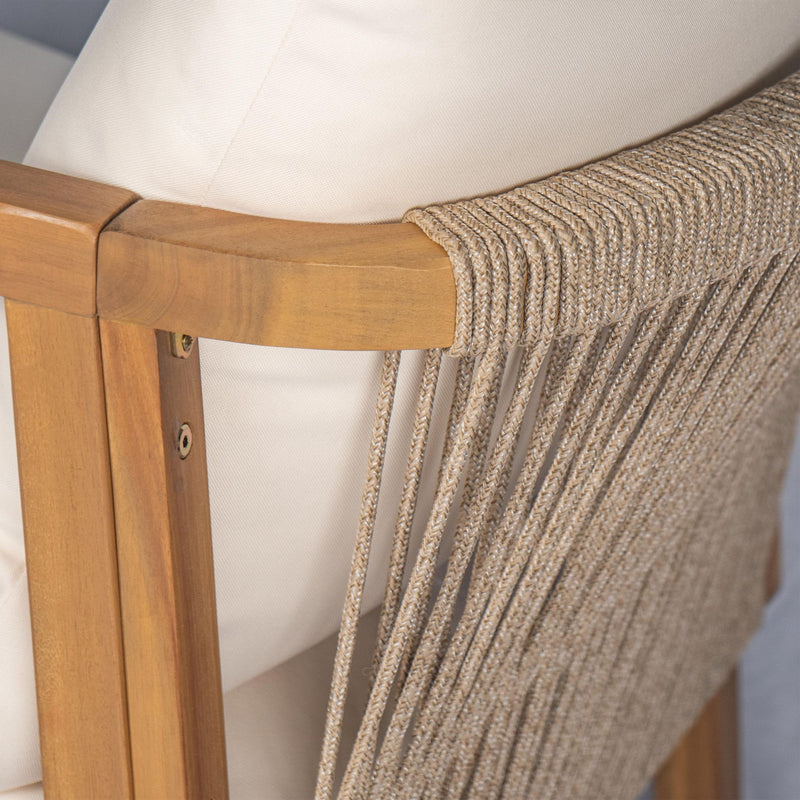 Outdoor Lounge Chair With Woven Backrest, Solid Wood Frame, Comfortable Cushions