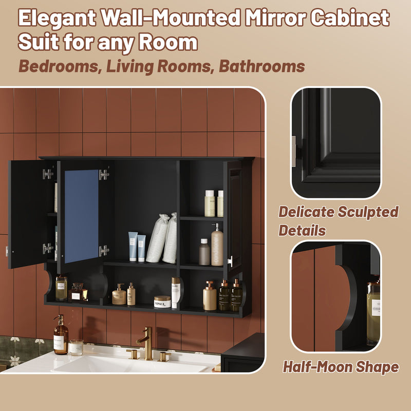 Modern Wall Mounted Mirror Medicine Cabinet With Open Shelves, Adjustable Interior, Storage Over Toilet