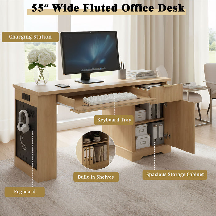 Modern Fluted Office Desk With Storage Cabinet