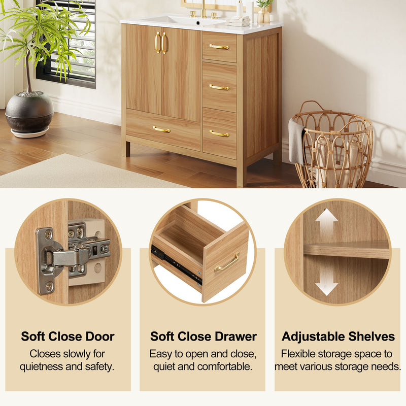 Bathroom Vanity, 2 Soft Close Doors, 4 Soft Close Drawers, Adjustable Shelf, Storage Cabinet - Acacia Wood