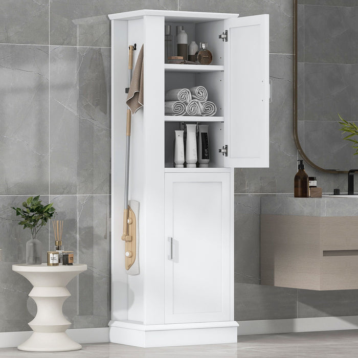 Tall Freestanding Bathroom Storage Cabinet With Adjustable Shelves And Side Hooks