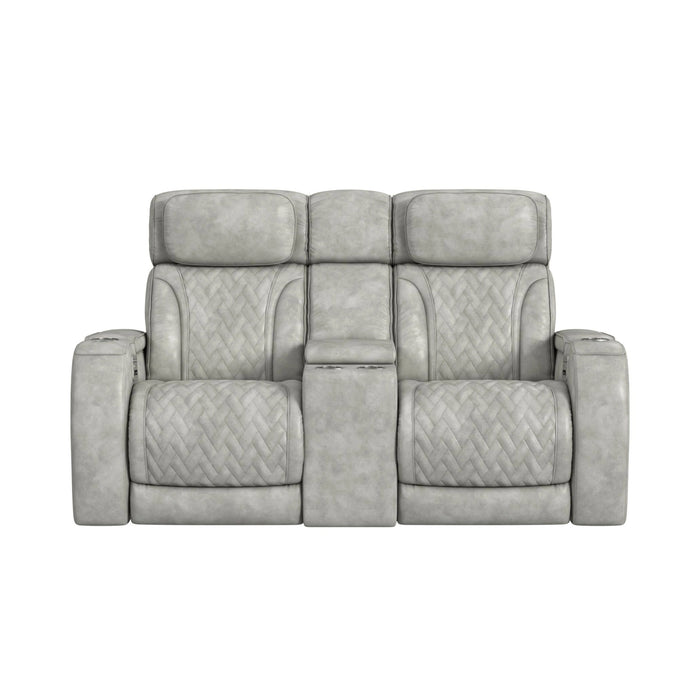 Prime Time P3 Loveseat with Console, 7 Colors LED, Cup Holders and Wireless Charger Controller in Leather Gel Light Grey