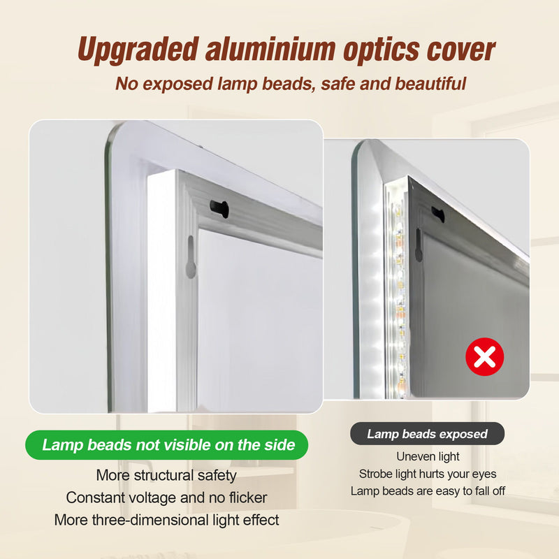 Wall Mounted LED Lighting Mirror With 3 Color Lighting, Dimming, Waterproof, Anti Fog, Touch Switch - Silver