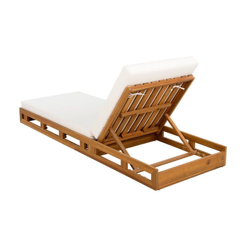 Premium Acacia Wood Lounge Chaise Set With Water Resistant Cushions, Adjustable Recline - Cream / Teak