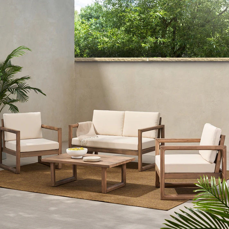 4 Pieces Acacia Wood Patio Furniture Set, Outdoor Furniture With Coffee Table, Patio Conversation Set Deep Seating With Soft Cushion, Porch Chairs For Backyard Porch Balcony - Brown Wash / Beige