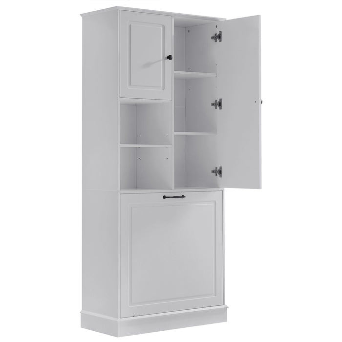 Modern Tall Storage Cabinet With Adjustable Shelves, Flip-Out Basket & Enclosed Doors
