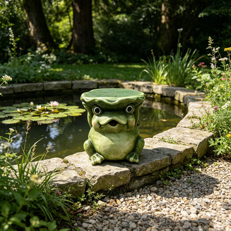 12'' Cute Frog Statue With Lotus Leaf Hat, Cartoon Animal Figurine Decor, Outdoor Garden Landscape Sculpture Ornament For Front Porch, Backyard Lawn, Patio, Walkway Home Decor