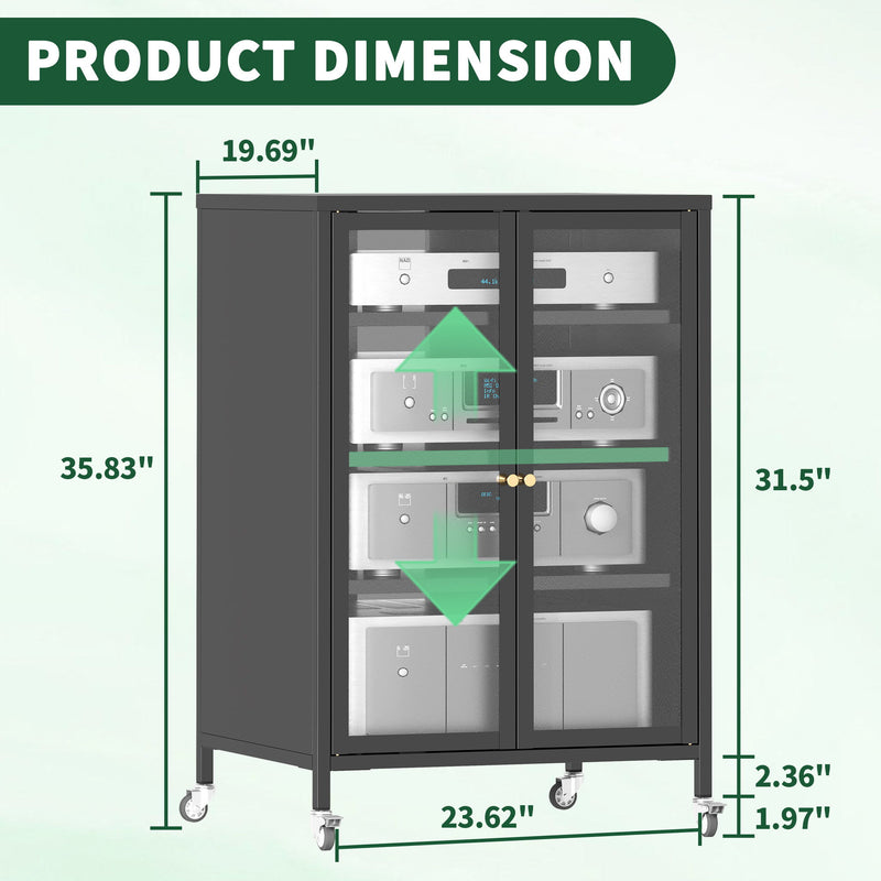 Media Storage Cabinet With Wheels, 4 Adjustable Glass Shelves & Door, Heavy-Duty - Black