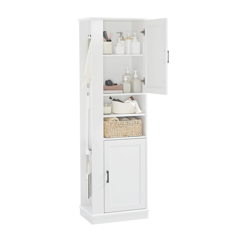 Tall Freestanding Bathroom Storage Cabinet With Adjustable Shelves And Side Hooks Board, Rectangle Design