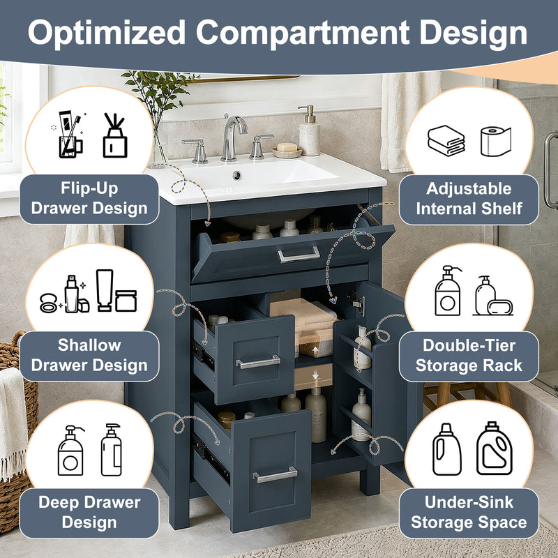 Modern Bathroom Vanity With Sink, Flip Drawer & 2 Drawers, Soft Close Hinges, Adjustable Shelf
