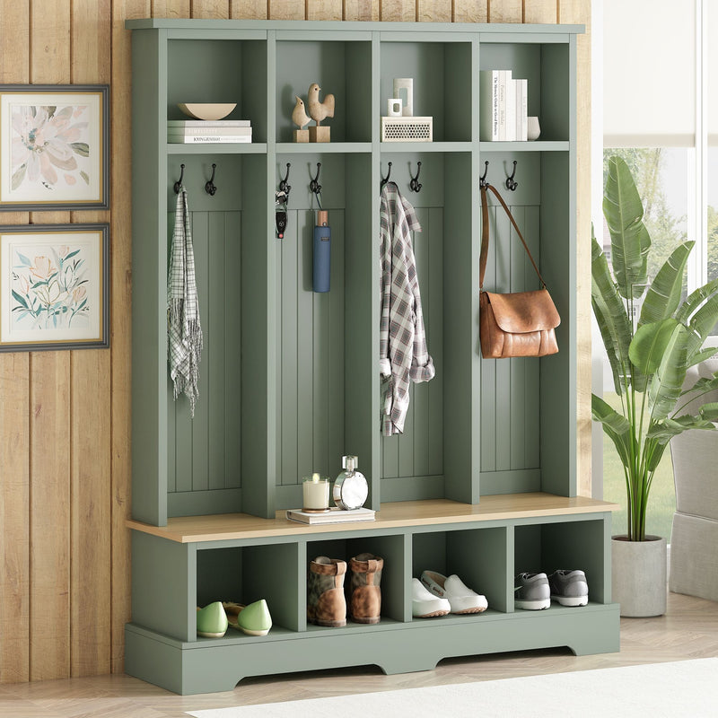 Hall Tree With 8 Hooks, Practical Entryway Bench With Open Compartments