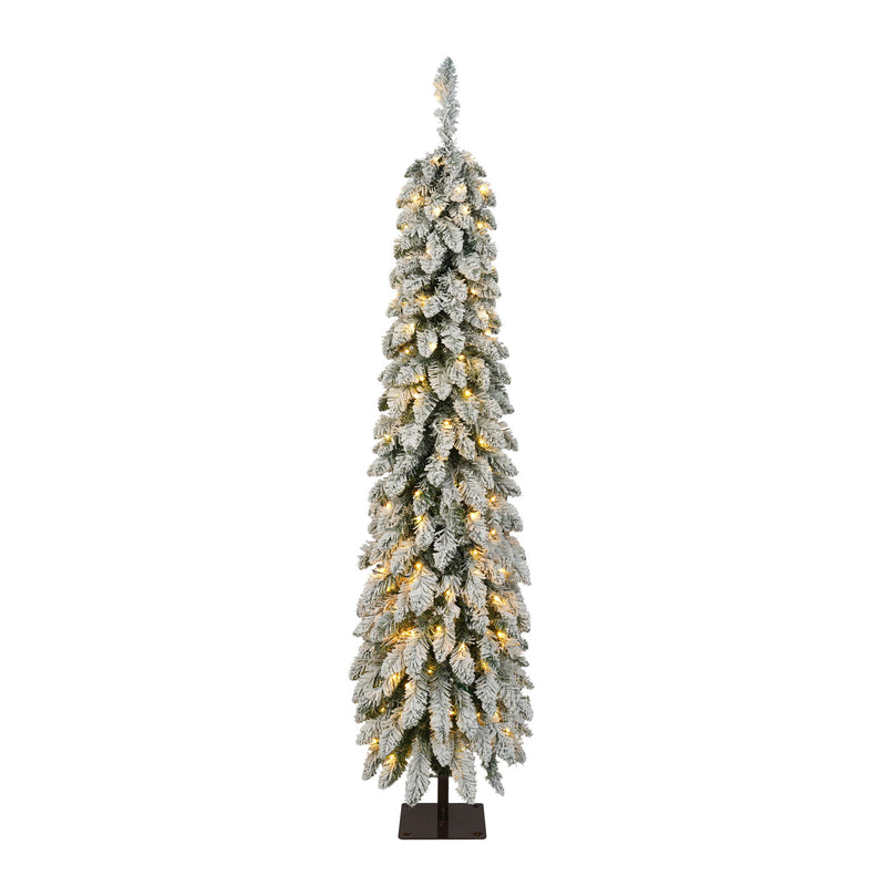 Slim Snow Flocked Pre Lit Pencil Christmas Tree, 3.9Ft / 5.9Ft / 7.9Ft With 750 Branch Tips, 480 LED Lights, Warm Glow, For Indoor Holiday Decor - White