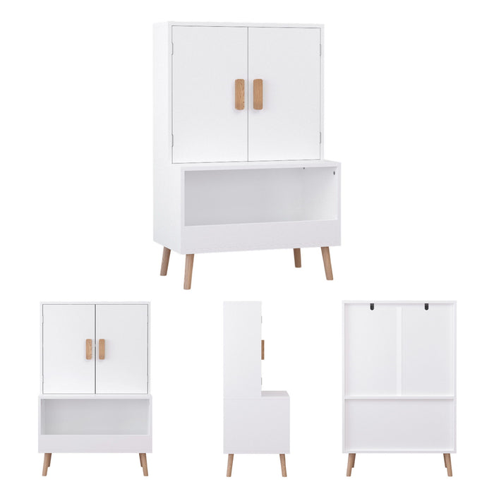 Toy Storage Cabinet With Doors And Open Shelf, Toddler Bookshelf For Playroom - White
