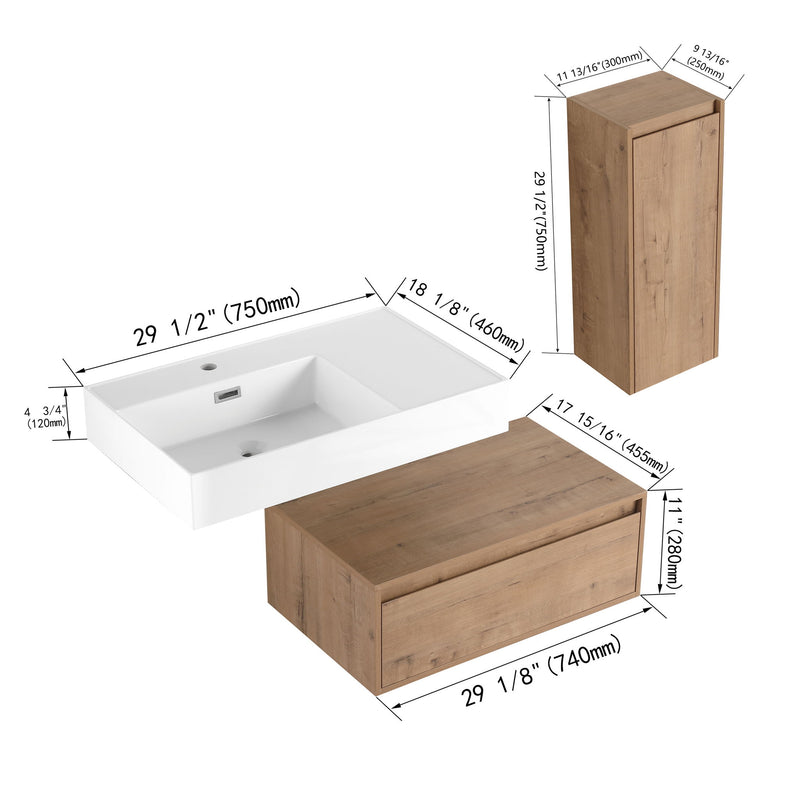 Modern Wall Mounted Bathroom Vanity With Resin Sink And Side Cabinet, Soft Close Drawer, Imitative - Imitative Oak