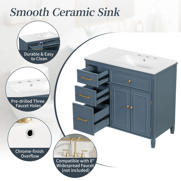 Bathroom Vanity With Sink, 1 Tip Out Drawer, 3 Side Drawers, Adjustable Shelf