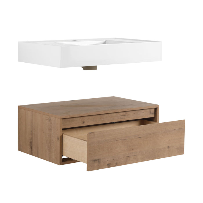 Modern Wall Mounted 30 Inch Bathroom Vanity With Resin Sink And 2 Side Cabinet - Imitative Oak