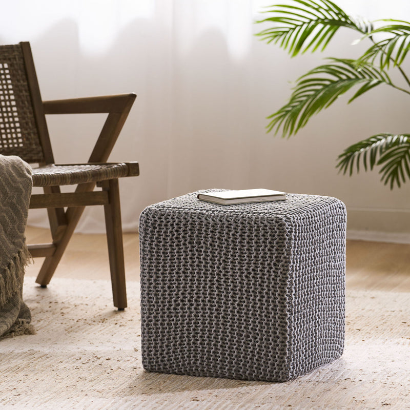 Chabani - Indoor Modern Knitted Fabric Cube Pouf Ottoman - Light Gray