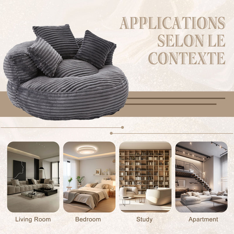 Oversized Bean Bag Chair With 3 Pillows & Armrest - Dark Gray