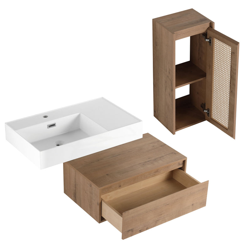 Modern Imitative Wall Mounted Bathroom Vanity With Resin Sink And Side Cabinet