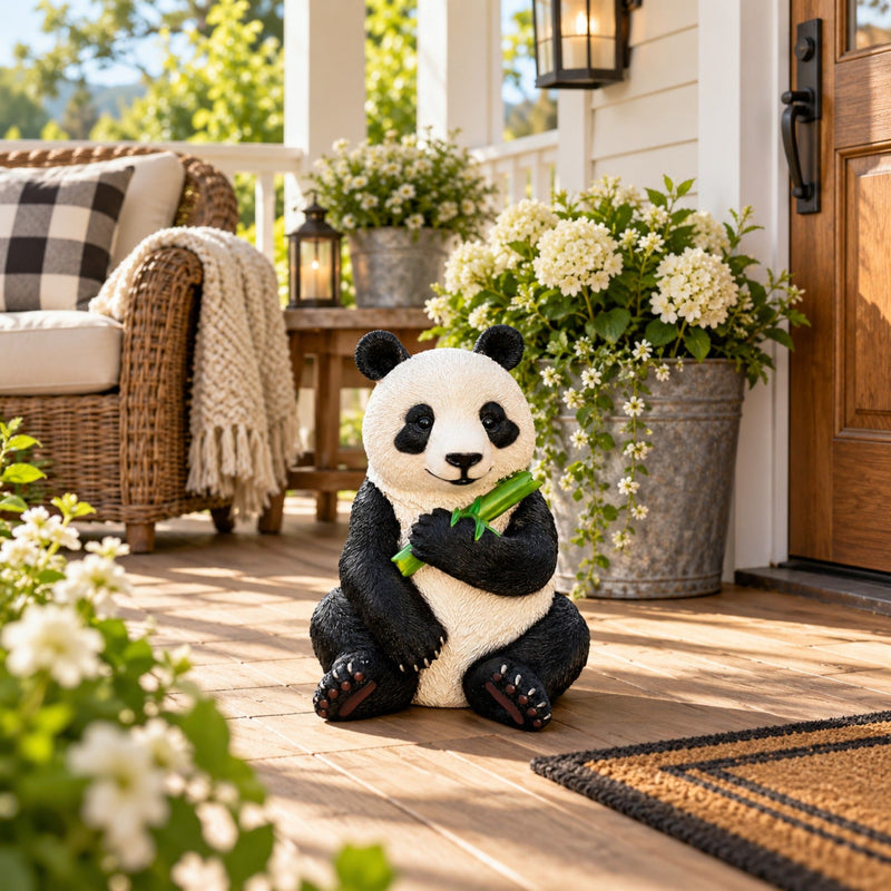 Panda Garden Statue, Sitting Animal Sculpture With Bamboo For Patio - Black White