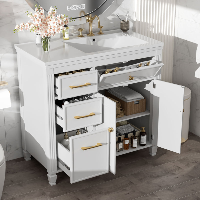 Modern Bathroom Vanity With Ceramic Sink, Freestanding, One Tip Out Drawer, 3 Side Drawers, Adjustable Shelf