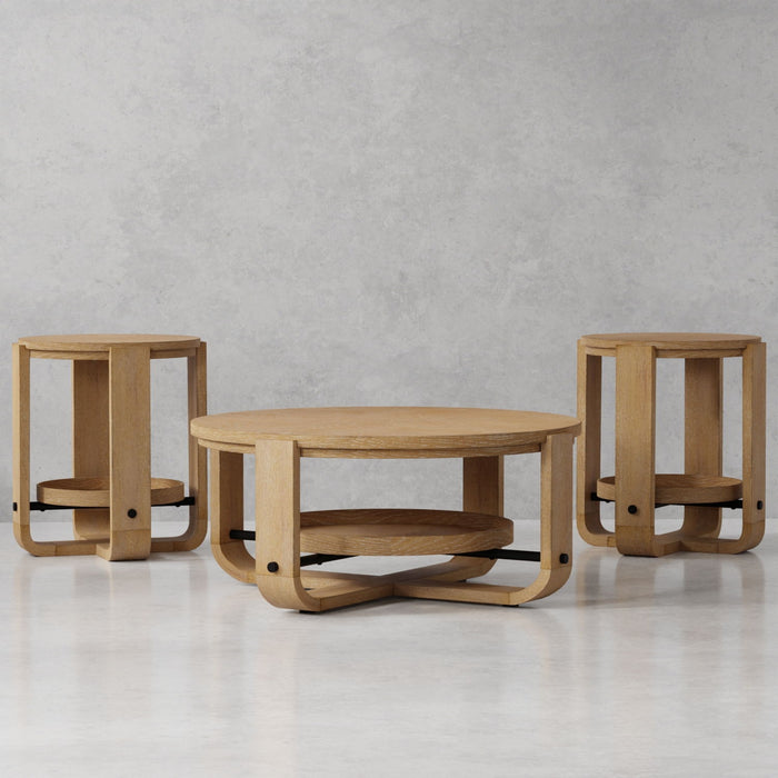 Escape - 3 Piece Occasional Table Set - Glazed Natural Oak / Black Metal Trim