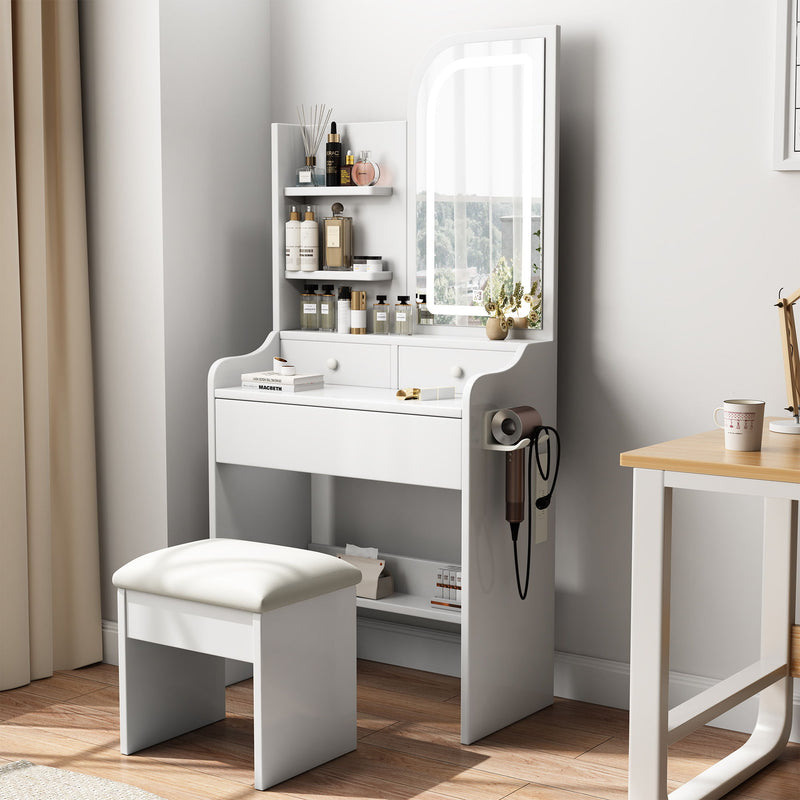 Fashion Vanity Desk With Mirror And Lights For Makeup, Hair Dryer Holder And Chair, Adjustable Lighting - White