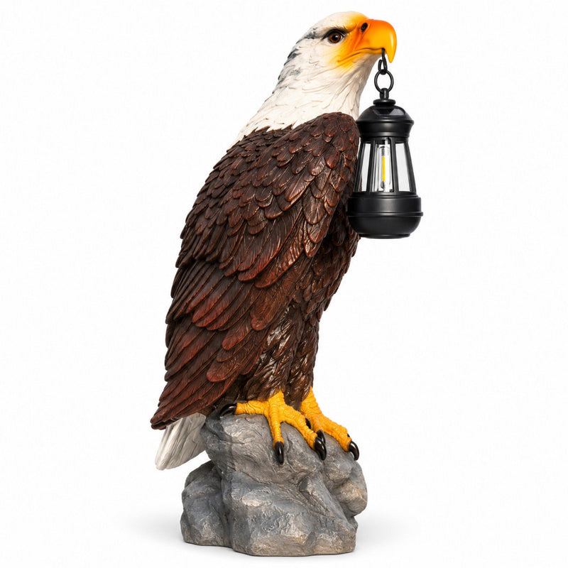 Solar Powered Bald Eagle Statue With Lantern, Outdoor Garden Decor - Black Brown
