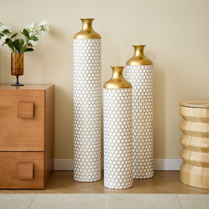 3 Piece Set Gorgeous Home Decoration Large Glazed Floor Vase Decoration Home Droplet Shaped - Gold / White