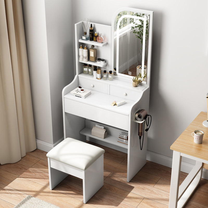 Fashion Vanity Desk With Mirror And Lights For Makeup, Hair Dryer Holder And Chair, Adjustable Lighting - White