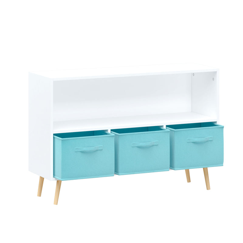 Bookcase With Collapsible Drawers, Book Display Storage Cabinet Organizer - White / Blue