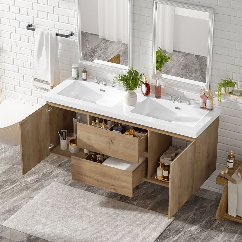 Double Sink Bathroom Vanity, Cabinet & Soft Close Doors, Divided Drawers, Wall Mounted Storage - Wood